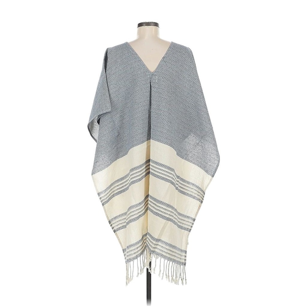 Tribe Alive Poncho Womens One Size Blue White Striped Cotton Tassel Boho Kimono